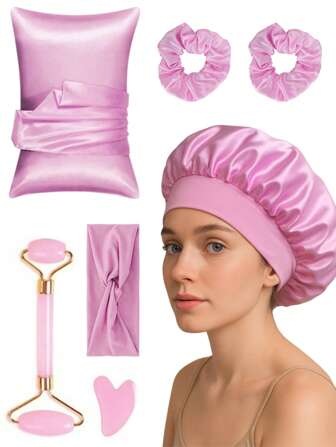 Conjunto de 7 en 1 de gorro de satén, rizado de cabello sin calor, rizado de cabello nocturno, gorro de dormir de satén, rizado sin calor, juego de pinzas, apto para todo tipo de cabello