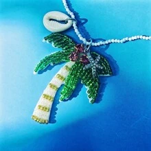 1 pieza Collar de mujer con colgante versátil de estilo clásico con cuentas de cristal de temática oceánica, tela no tejida con árbol de palma, estrella de mar y concha, adecuado para fiestas en la playa, vacaciones y uso diario casual (posición aleatoria de los cristales, cantidad y color aleatorios de perlas en la parte inferior)