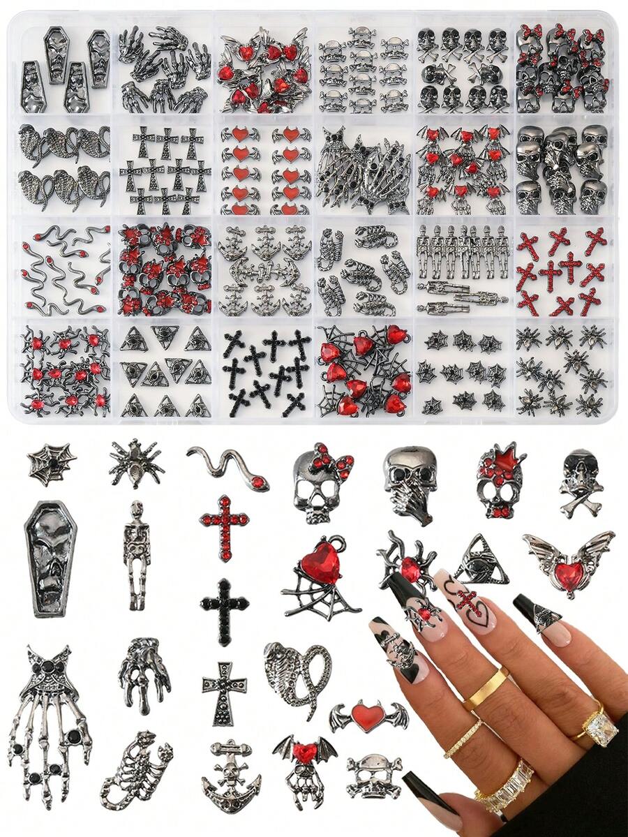 Halloween Nail Charms 3D Spider Skull Hand Alloy Nail Art Supplies Black Charms Nail Jewelry For Women Halloween DIY Nail Art Decoration Accessories - 彩色 - 查看 1