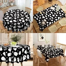 1 pieza Mantel rectangular, 145cm (57.08 pulgadas) de diámetro, 140x180cm (55.11 pulgadas x 70.86 pulgadas). Mantel de poliéster con estampado de fantasmas negros y blancos para Halloween, fondo negro con fantasmas blancos de dibujos animados y "¡BÚ!", adecuado para fiesta de Halloween, reunión de niños, decoración de restaurantes y decoración del hogar