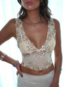 Women Summer Sheer Lace Tops Sleeveless V Neck Sequins Vest Tank Crop Top Party Clubwear - 米色 - 查看 1