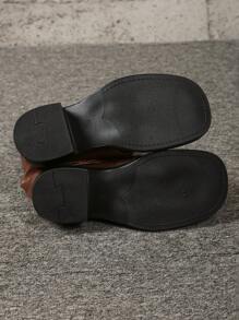 Women's Black Fashion Boots With Straps, Chunky Heel Thick Sole Casual Western Boots With Pleats, Retro Motorcycle Boots, Slimming Perfect For Fall/Winter, Brown Color