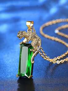 1 pezzo Lussuosa collana in catena di rame con pendente leopardato e zirconi verdi, accessorio per feste e come regalo