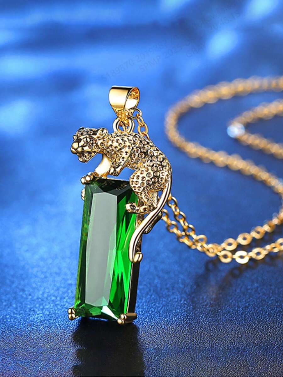 1 pezzo Lussuosa collana in catena di rame con pendente leopardato e zirconi verdi, accessorio per feste e come regalo