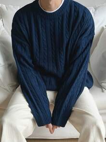 White Yue 男士时尚休闲加厚扭绳纽扣落肩圆领毛衣，适合通勤、秋冬新款、圣诞节、新年穿着，长袖上衣