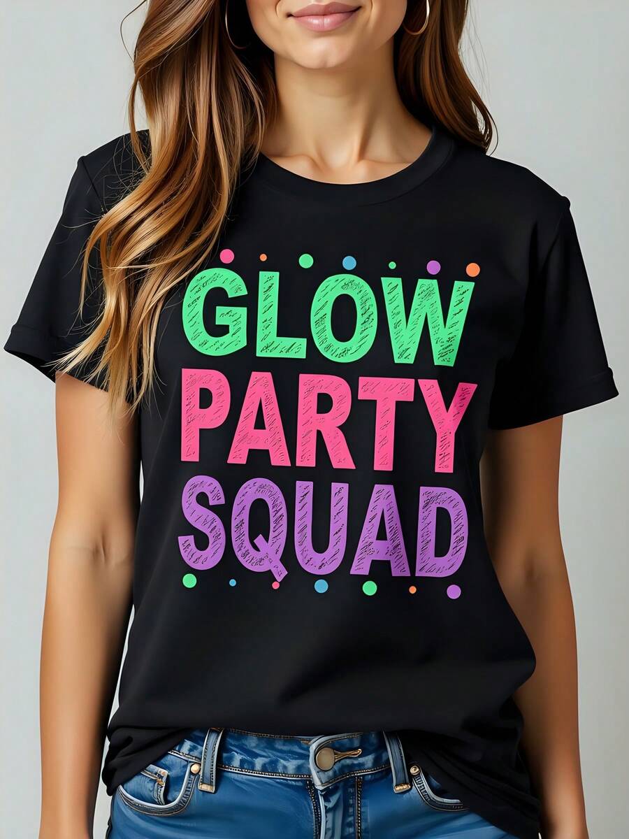 Camiseta Mujer Glow Party 180g Negra Algodón Cuello Redondo Manga Corta Estampada Ideal para Fiesta Luces Fluorescentes y Divertidas Elegante Casual Diseño Juvenil Ginástico Versátil Ajuste Cómodo,Fácil de Combinar,Estilo Urbano Moderna. - Negro - Ver 1