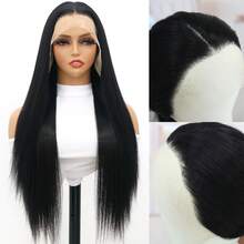Straight Black 24in Synthetic Fiber Free Part Lace Front Wig Cap, Suitable For Daily Wear - màu đen - Xem 5