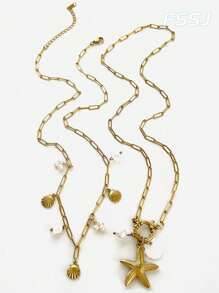 2pcs/Set Women's Summer French Retro Starfish & Faux Pearl Design Stainless Steel Necklace, Waterproof & Fade-Resistant, Suitable For Daily Wear, Party, Beach Holiday