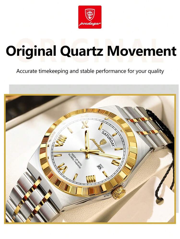 POEDAGAR 1pc Business Classic Men's Week Date Stainless Steel Quartz Watch For Man, Casual Waterproof Luminous Men Wristwatch, Fashion Luxury Male Watches Suitable For Office Occasion, Holiday Gifts For Men - Multicolor - View 2