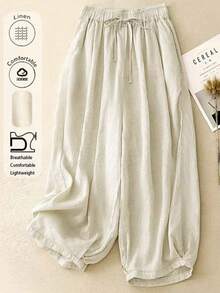 Comfortable, Casual, Loose Linen Bell-Bottom Pants For Women In Larger Sizes, Ideal For Everyday Home Wear, Suitable For Spring, Summer, And Fall Seasons. - Apricot - View 1