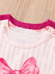 6pcs/Set Baby Girls Fashionable Casual Bow Print Long Sleeve Top & Pants Set, Suitable For Party, Outing, Vacation, Daily Wear, Spring & Autumn