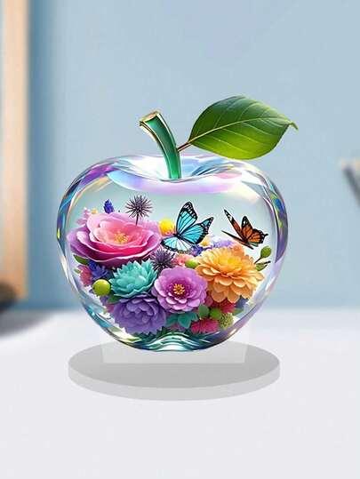 1pc 2D Illustration Acrylic Apple Shaped Desktop Decor, Creative Colorful Printed Design, Transparent Compact Desktop Decoration, Suitable For Home And Office, Multifunctional Holiday And Daily Decoration, Perfect Gift For Friends, Birthday And Easter