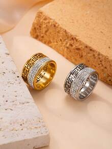 1pc Fashionable Stainless Steel Hollow Great Wall & Clover Rhinestone Decor Ring, Suitable For Men And Women Daily Wear - Ring - View 4