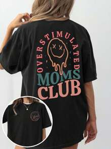 Women's Summer Overstimulation Mom Club Graphic Print Round Neck Short Sleeve Simple Casual Everyday Black Plus Size T-Shirt Tops, Mom Birthday Graphic Print Ladies Tops, Fun Mom Prints Ladies Summer Clothing, Face Letter Prints Summer Tops