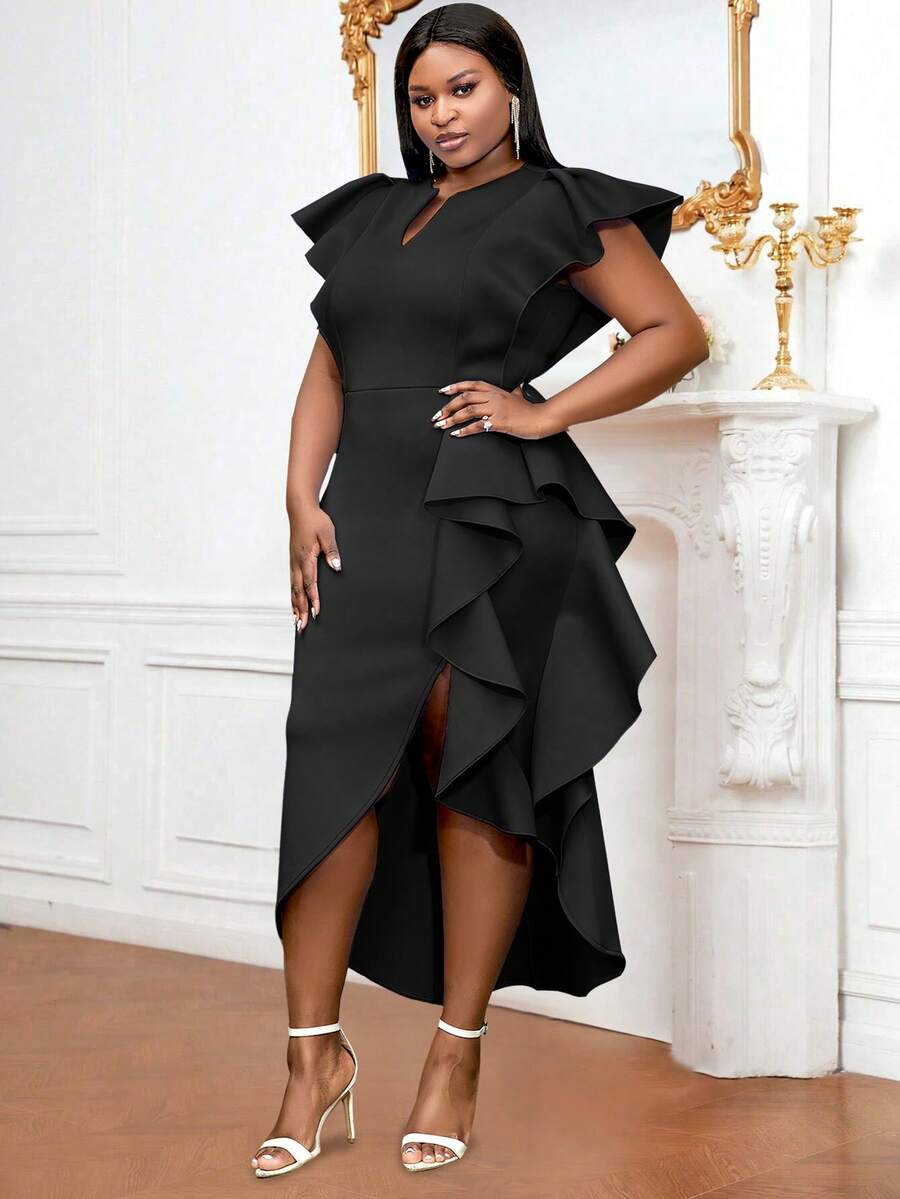 Đầm ngắn tay xẻ tà xếp ly dáng suông thời trang mùa xuân Phục Sinh dành cho cô dâu mới, phù hợp cho đám cưới, khách dự đám cưới, tiệc cô dâu, tiệc độc thân, kỳ nghỉ, sinh nhật, lễ tốt nghiệp, tiệc tối trang trọng, tựu trường và các dịp khác. Màu đen thanh lịch mùa hè - màu đen - Xem 1