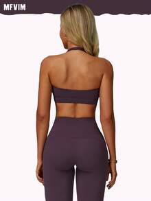 MFVIM 2pcs Women's Sleeveless Halter Backless Top And High Waist Flare Pants Workout Set (Dark Purple)