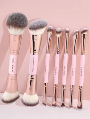 MAANGE Set de 2/5/7 piezas de brochas de maquillaje de doble cabezal con brocha para rubor, brocha para base, brocha para acabado, brocha para polvos sueltos, herramientas de maquillaje para viajar