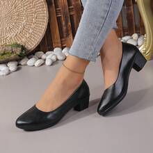 高跟浅口鞋，粗跟低鞋面圆头轻便软底工作鞋，不疲劳女式浅口鞋，方扣中跟空姐鞋，黑色舒适正装鞋，可搭配西装，优雅高跟鞋，适合所有季节，纯色 PU 皮革女鞋 - 黑色 - 查看 4