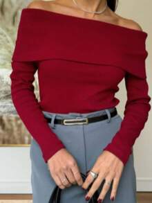 WOMEN'S LONG SLEEVE TAKE IT DOWN BLOUSE - 酒紅色 - 查看 1