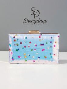 1 件时尚迷你白色晚礼服包，优雅精致的设计，带有亮片印花和刺绣女士手提包，矩形盒形设计晚礼服包，适合派对、婚礼和舞会场合。