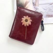 1pc Women Short Wallet With Sunflower Embroidery, Vintage Fashion Sunflower Zipper Coin Purse, Suitable For Girls, Ladies, Office Workers, And Professionals, Great For Work, Business Trip, Commute, Outdoor, Travel