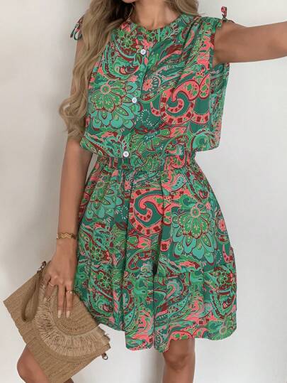 Vestido corto bohemio de playa con cordones en los hombros y la cintura, estampado de paisley para mujer
