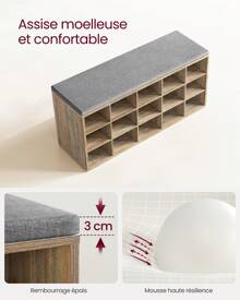 VASAGLE Banc à Chaussures, Meuble d'Entrée, Rangement Chaussures, Assise Rembourrée et 15 Compartiments, Étagère Porte-Chaussures, Capacité de Charge 200 kg, Kaki