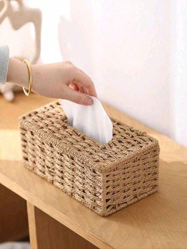 1 pieza Caja titular de pañuelos de aspecto de ratán trenzado en beige/camello, se ajusta a múltiples tamaños de pañuelos, artículos para el hogar, mesa, decoración del hogar, organización y almacenamiento del hogar