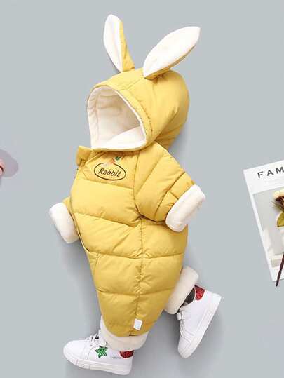 女婴字母印花长袖3D兔耳连体衣（带保暖衬里）