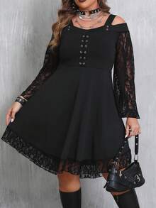 Robe gothique grande taille à manches cloche, épaules dénudées et taille cintrée, convient pour Halloween - Noir - Voir 5