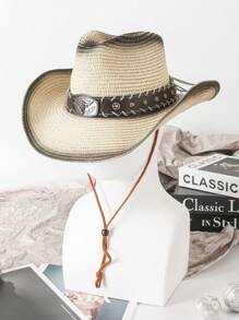 1pc Casual Bull Star Pattern Boho Rivet Bow Straw Sun Hat, Fashionable Versatile Beach Holiday Shade Hat For All Seasons