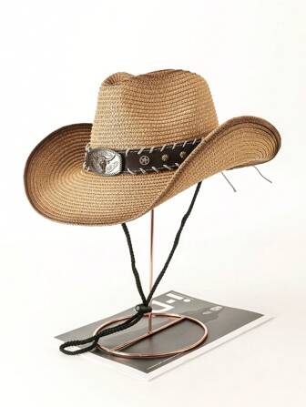 1 件休闲公牛星图案波西米亚铆钉蝴蝶结草编太阳帽，时尚百搭海滩度假遮阳帽，适合所有季节