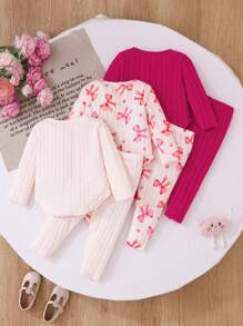 6pcs/Set Baby Girls Fashionable Casual Bow Print Long Sleeve Top & Pants Set, Suitable For Party, Outing, Vacation, Daily Wear, Spring & Autumn
