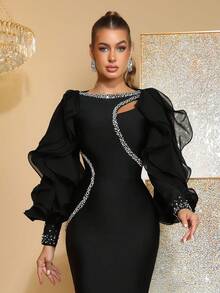 2025夏季新款性感黑色长袖钻石镂空荷叶边修身长裙，优雅迷人，适合派对、约会、单身派对、伴娘、正式晚宴或庆典、情人节等场合。 - 黑色 - 查看 8