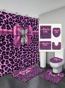 1/4 Piece Purple Leopard Print Diamond Bow Bathroom Set, Includes Shower Curtain With Hooks, Anti-Slip Rug, U-Shaped Toilet Mat, Toilet Seat Cover, Bedroom & Home Decor, Bathroom Decoration And Accessories, Holiday Gift!