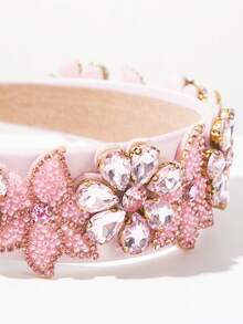 1pc Fashion Solid Color Fabric Headband, Retro Baroque Shiny Gemstone Flower Decor Headpiece, Suitable For Parties, Street Style Wear Hairband Beauty Home Hair Accessories - Pink - View 2