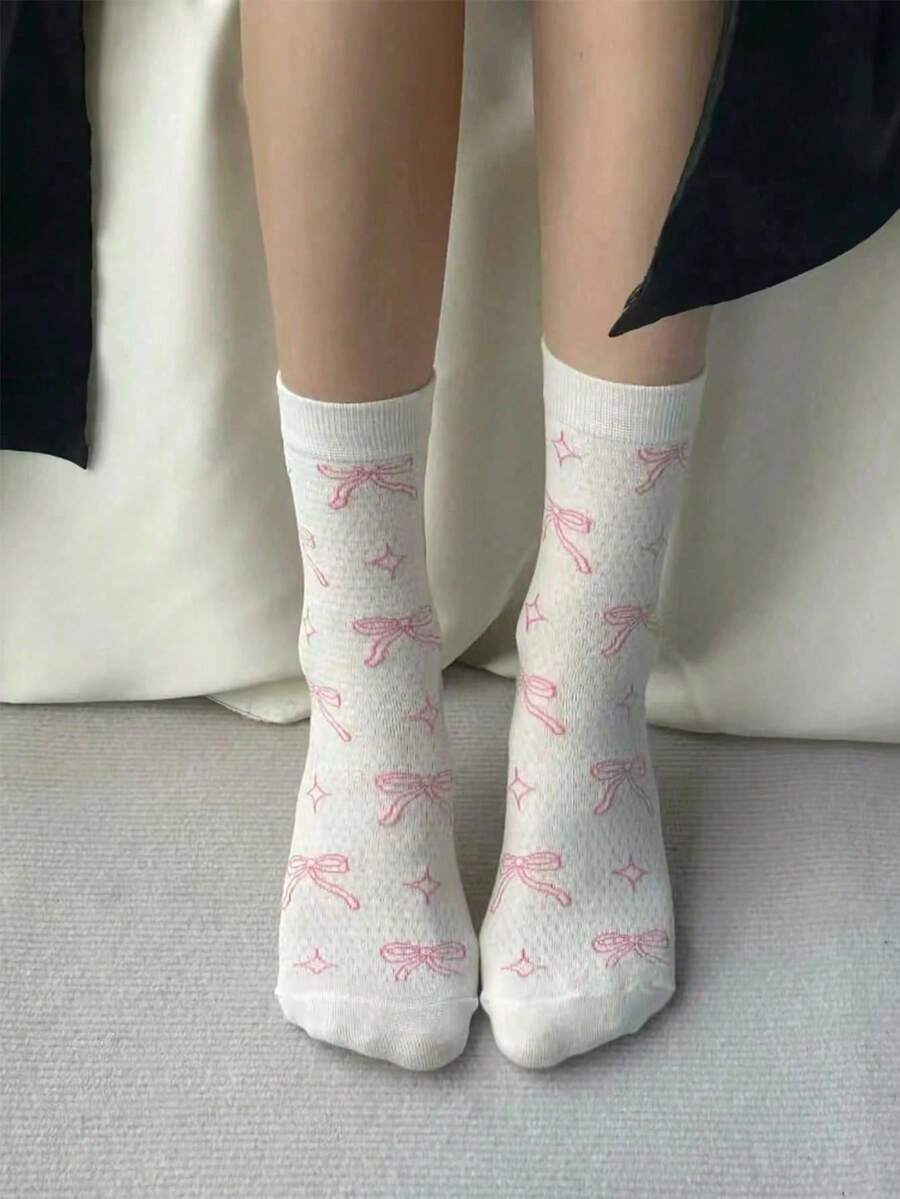 1 Pair/4 Pairs Cute Pink Bow Print Sweet Short Socks, Casual Socks, Adorable Daily Socks, Fashion Versatile, Moisture-Wicking Breathable, Suitable For Daily Wear, Home Sports, Office Wear, Cute Cartoon Design, All Season, Great Christmas Gift - Multicolor - View 1