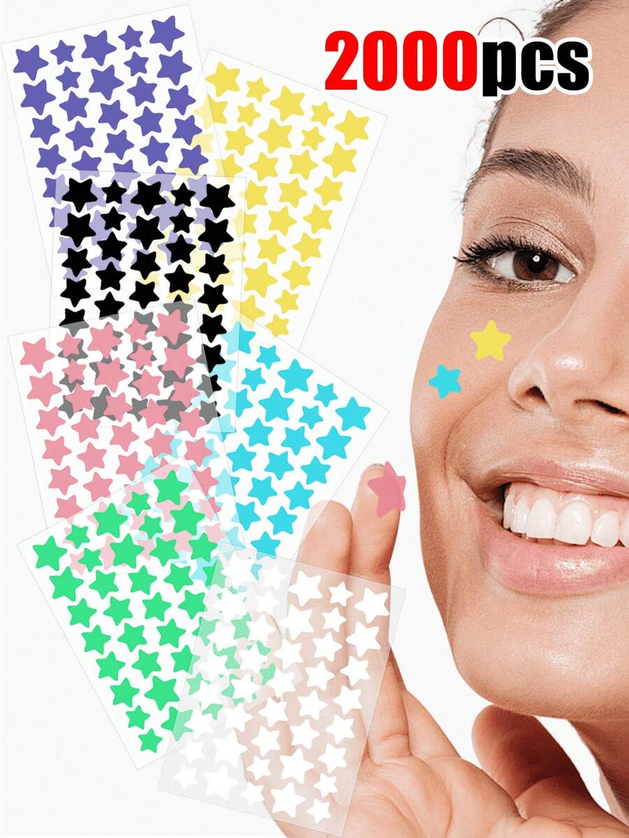 2000pcs Star-Shaped Face Stickers - Gentle, Non-Irritating, Decorative Stickers, Waterproof & Breathable, Essential For Daily Face Stickers, Portable, Suitable For Travel, Gatherings, Makeup Tips, Photo Props, Available In 1400/1120/560/280pcs