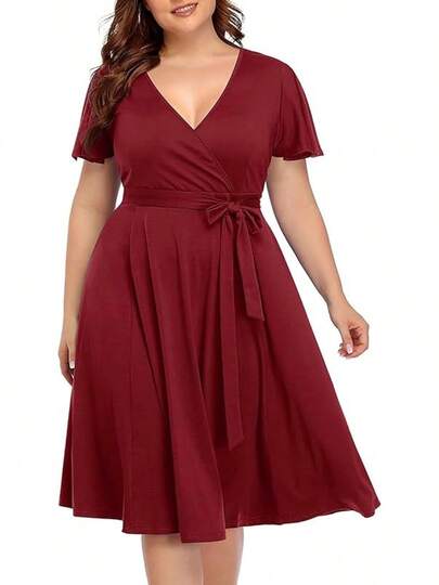 Plus Size V Neck Wrap Midi Casual Summer Dress with Short Flutter Sleeve for Wedding Guests
