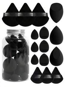 Set de 15 piezas de esponjas de maquillaje con recipiente de almacenamiento que incluye 3 esponjas de maquillaje, 3 esponjas de maquillaje mini, 3 borlas de polvos grandes, 3 borlas de polvos mini y 3 cojines de dedo mini.