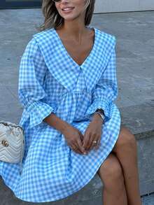 Plus Size Blue & White Plaid A-Line Mini Skirt, Ruffle Trim Detail, Deep V-Neck, Flared Sleeves, Woven Fabric, Pleated Ruffle Hem, Perfect For Picnics - Blue and White Checkered - View 6