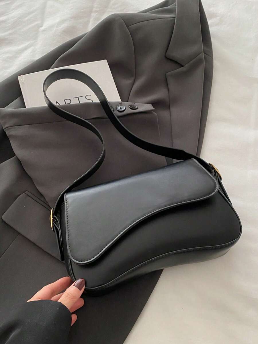 1件简约纯色翻盖单肩包，经典纹理斜挎包，女士手提包