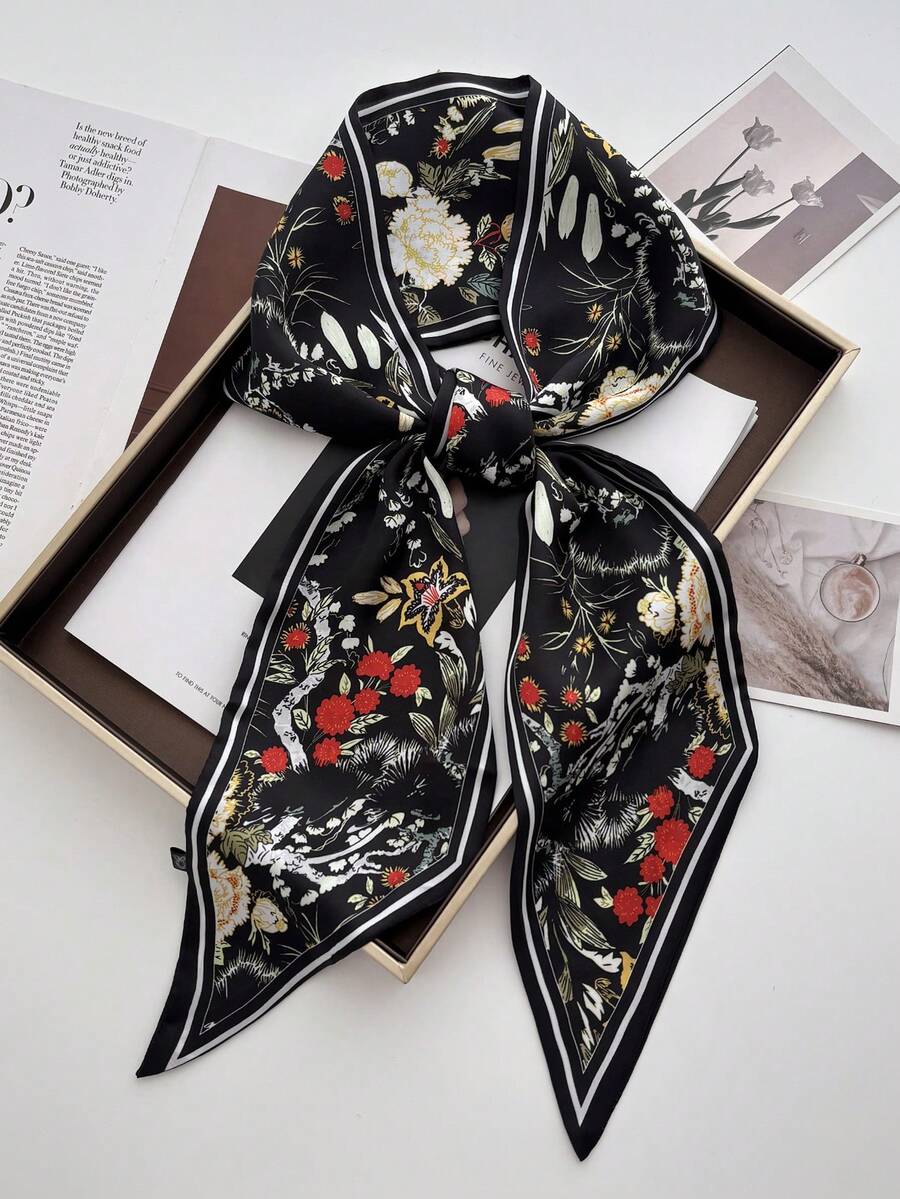 1 pezzo Sciarpa reversibile in raso con stampa a catena di cavalli, adatta per abiti, pantaloncini, cinture, borse, cappelli, nastri, fasce in vita, spiaggia, vacanze per donna - Fiore nero - Visualizzare 1