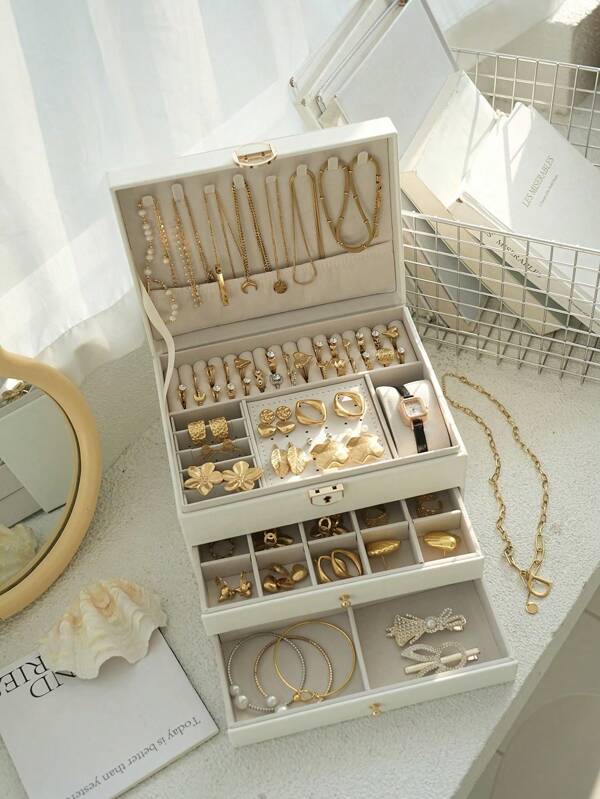 1pc Luxury Jewelry Box Organizer Storage With Lock, Large Capacity Multi-Functional Necklace, Bracelet, Earrings Display