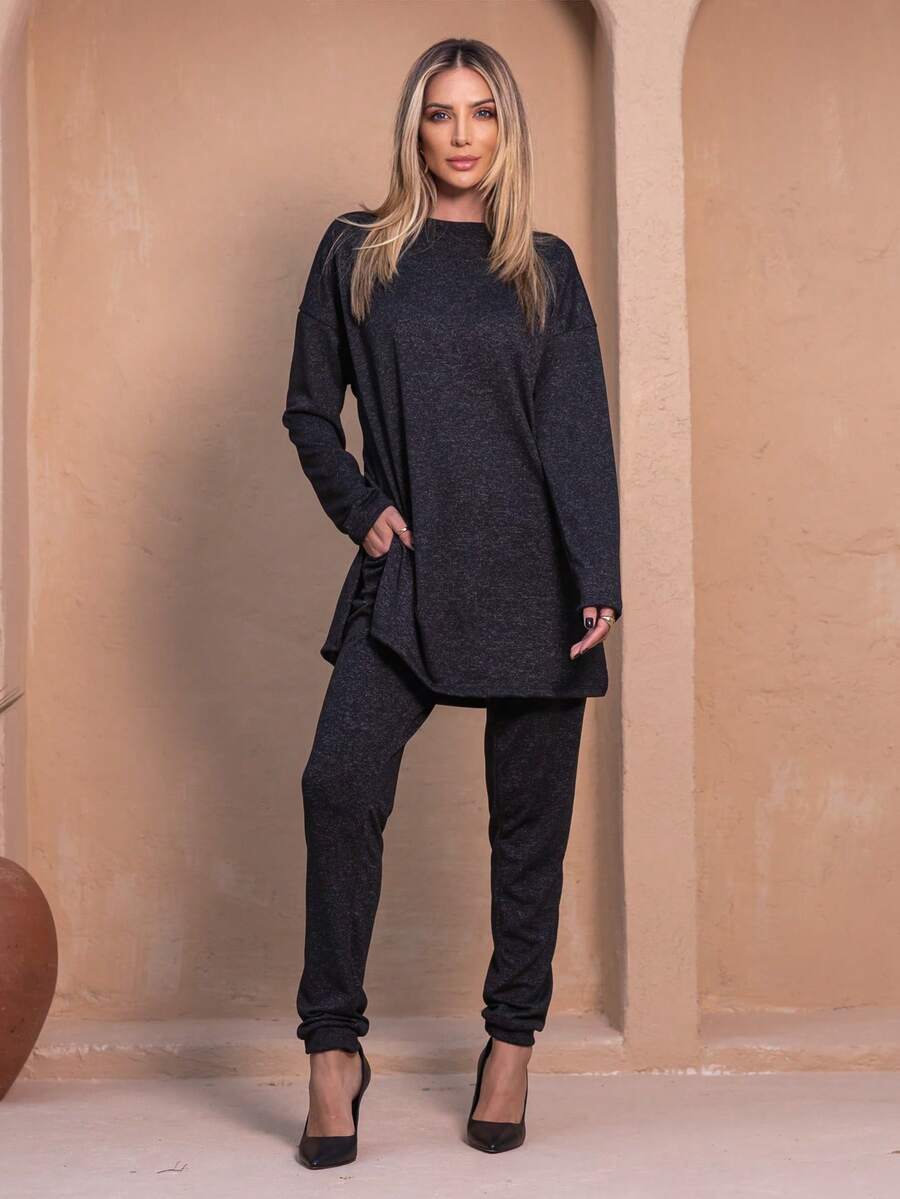 Conjunto Elegante Formal | Blusa e Calça | Moda Feminina Simples  lanzinha 2 peças Casual Conservador / modestoTecido tipo lãCordão Bolso conjunto de frio elegante Noite CasaRua inverno - Preto - Visão 1