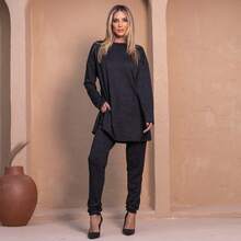 Conjunto Elegante Formal | Blusa e Calça | Moda Feminina Simples  lanzinha 2 peças Casual Conservador / modestoTecido tipo lãCordão Bolso conjunto de frio elegante Noite CasaRua inverno - Preto - Visão 2