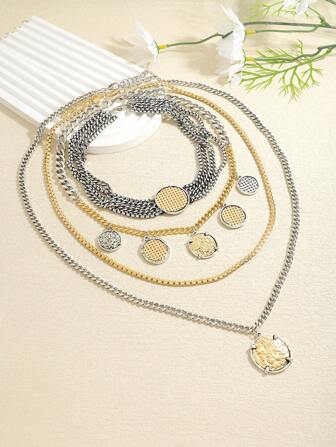 4pcs Multi-Layer Bohemian Style Enamel Coin Pendant Necklace, Sexy Round Disc Multi-Layer Necklace Accessory, Suitable For Women's Daily, Party, Date, Gift
