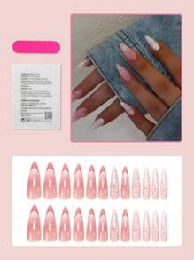 24片长杏仁渐变美甲贴纸，按压式美甲贴片，适合女性和女孩日常佩戴，夏季美甲配件 - 粉色 - 查看 2