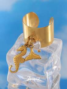 1 pièce Bague large ouverte en acier inoxydable et plastique ronde avec pendentif coquillage de perle et étoile de mer. Cadeau de bijoux charmants pour femmes, convient pour un port quotidien