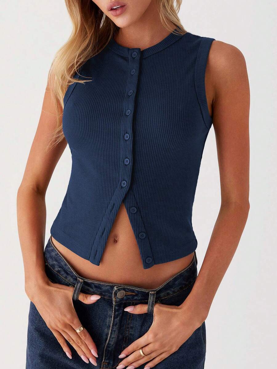 Women Y2k Button Down Crop Tops Casual Summer Solid Color Crop Shirt Knit Ribbed Button Front Long Sleeve Shirt For Club Streetwear Aesthetic Grunge Clothes - 藏青色 - 查看 1